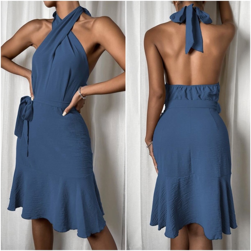 Mocha Brown Twist Halter Ruffle Midi Dress Belted - Picture 7 of 10
